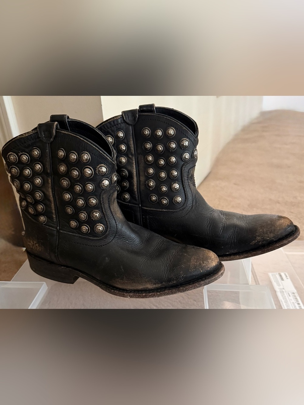 Frye Black Studded Distressed Leather Western Booties
